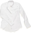 A white long-sleeve button-down dress shirt with a pointed collar and buttoned cuffs, shown on a plain white background.

Claridge & King- The Great White Shirt No. 1 - Available at Edit by Elaine Turner in Houston, TX. Flat Lay View