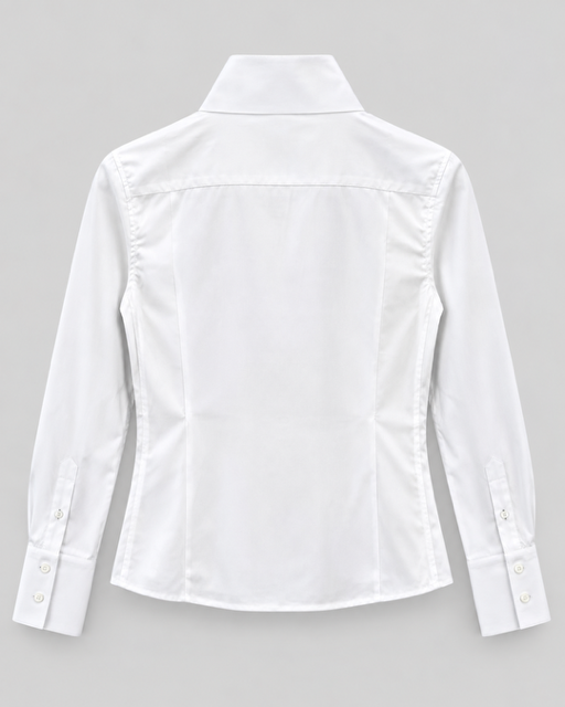 White long-sleeve button-up shirt shown from the back, featuring a structured collar, shoulder seam details, and buttoned cuffs, photographed on a neutral gray background.

Claridge & King - The League Crop Shirt - Crisp White. Available at Edit by Elaine Turner. Back Flat Lay View. 