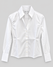 A white long-sleeve button-down shirt with a pointed collar and structured shoulders, shown flat against a solid gray background.

Claridge & King - The League Crop Shirt - Crisp White. Available at Edit by Elaine Turner. Front Flat Lay View. 