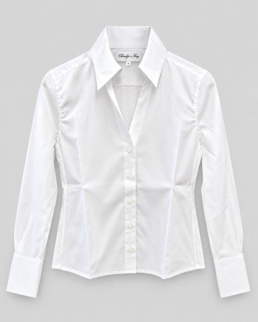 A white long-sleeve button-down shirt with a pointed collar and structured shoulders, shown flat against a solid gray background.

Claridge & King - The League Crop Shirt - Crisp White. Available at Edit by Elaine Turner. Front Flat Lay View. 