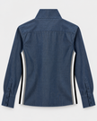 A blue denim long-sleeve shirt shown from the back, featuring black and white vertical stripes along the sides of the sleeves.

Claridge & King- The League Crop Shirt - Dark Blue Denim with Stripe Trim. Available at Edit by Elaine Turner in Houston, TX. Back Flat Lay View. 