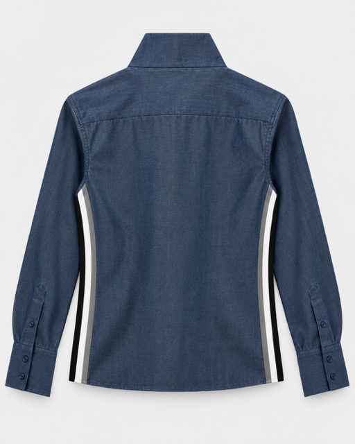 A blue denim long-sleeve shirt shown from the back, featuring black and white vertical stripes along the sides of the sleeves.

Claridge & King- The League Crop Shirt - Dark Blue Denim with Stripe Trim. Available at Edit by Elaine Turner in Houston, TX. Back Flat Lay View. 