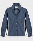 Claridge & King- The League Crop Shirt - Dark Blue Denim with Stripe Trim. Available at Edit by Elaine Turner in Houston, TX. Front Flat Lay View. 