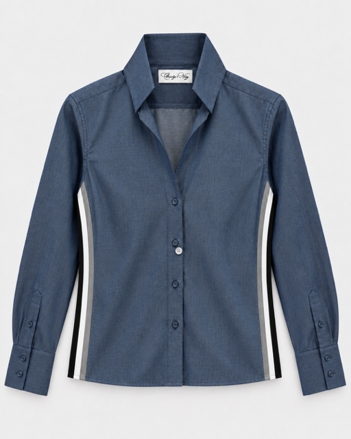 Claridge & King- The League Crop Shirt - Dark Blue Denim with Stripe Trim. Available at Edit by Elaine Turner in Houston, TX. Front Flat Lay View. 