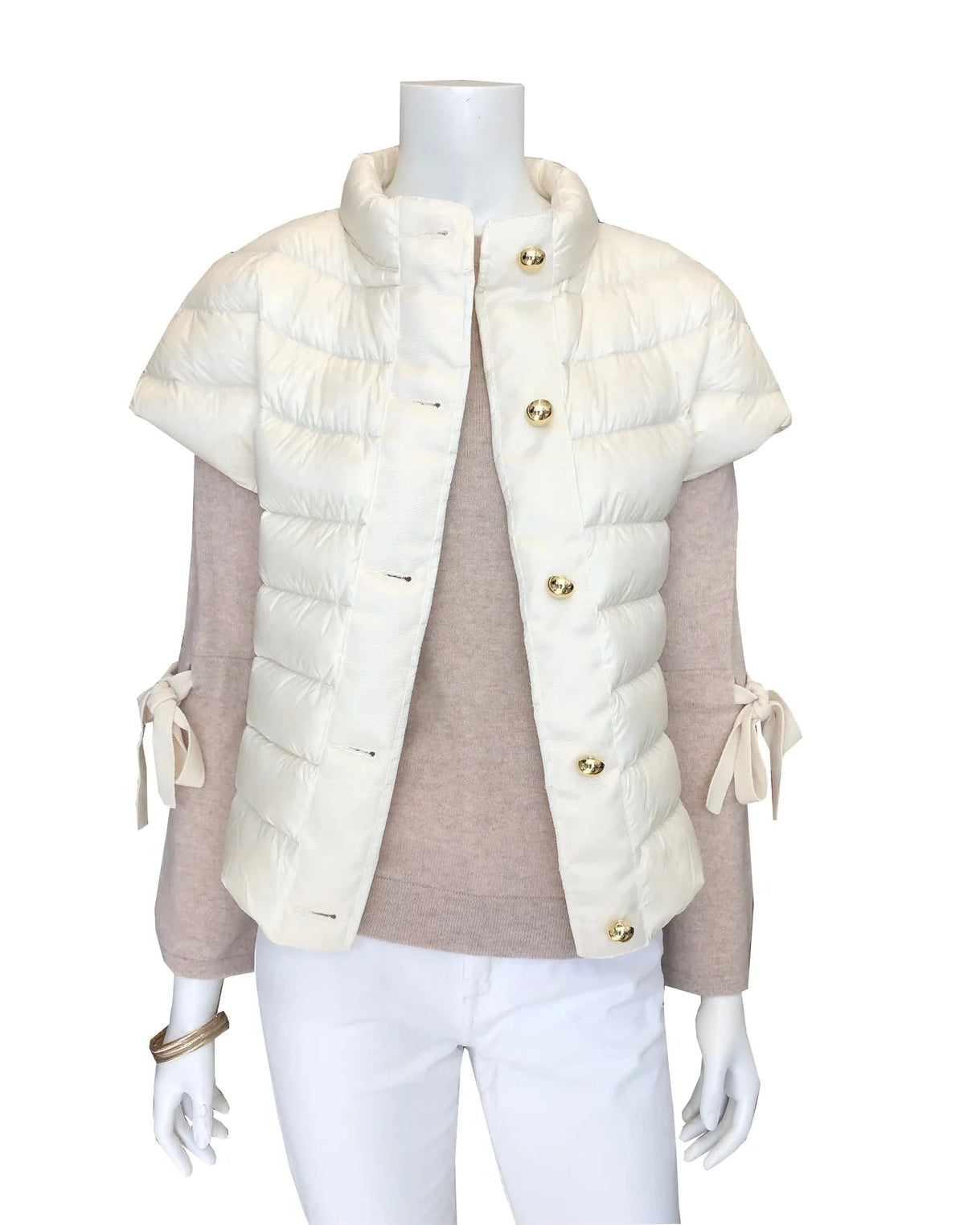Cortland Park White puffer vest jacket at edit. BY ELIANE TURNER on a mannequin with a white background.