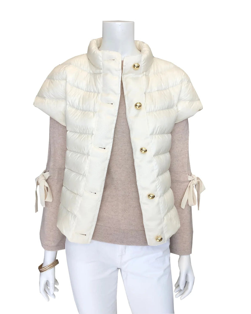 Cortland Park White puffer vest jacket at edit. BY ELIANE TURNER on a mannequin with a white background.