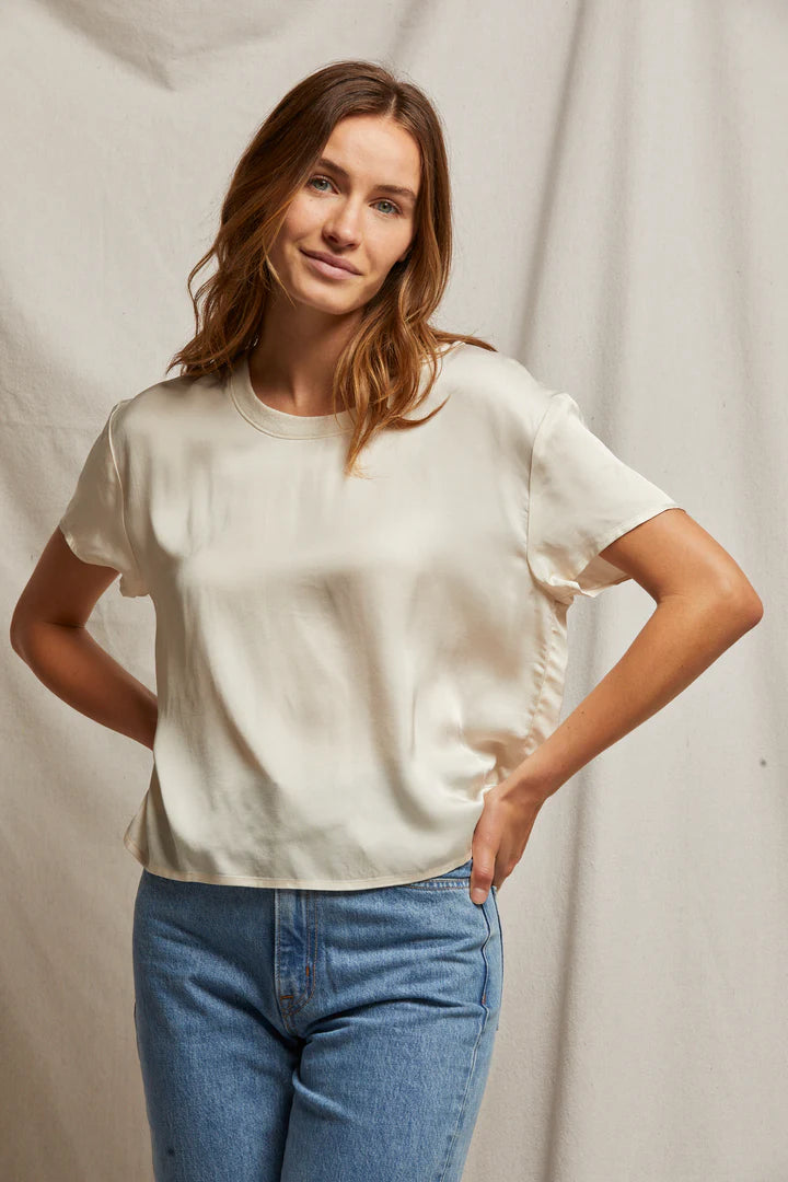 Delphine Satin Crew Neck Tee- Sugar
