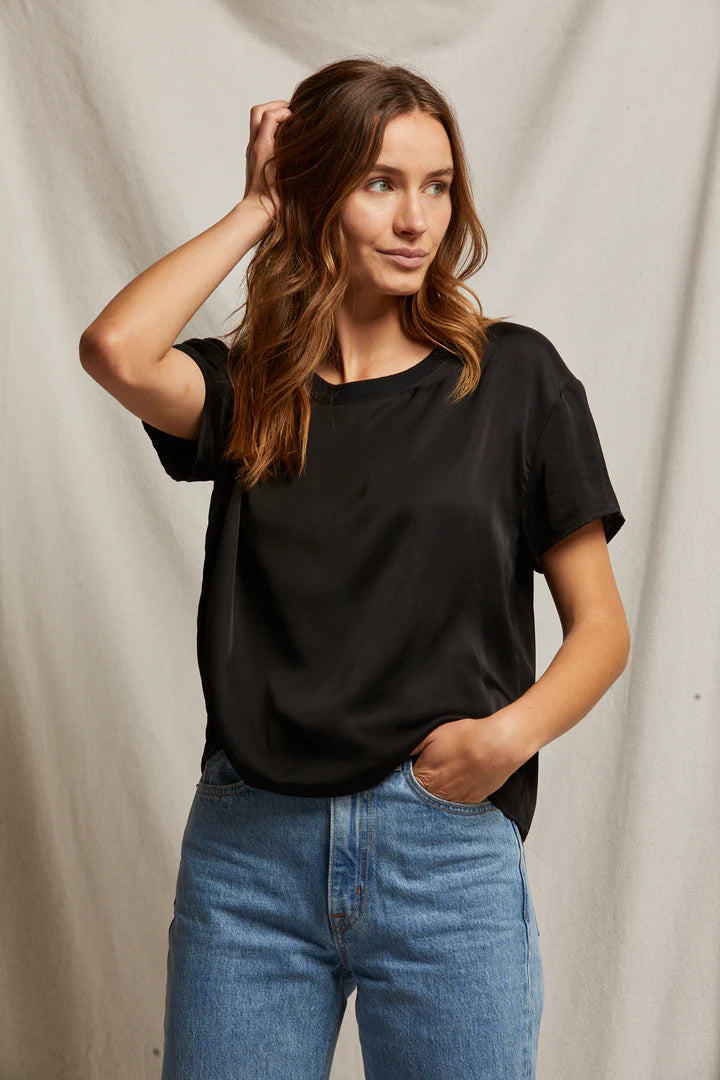 Delphine Satin Crew Neck Tee- True Black