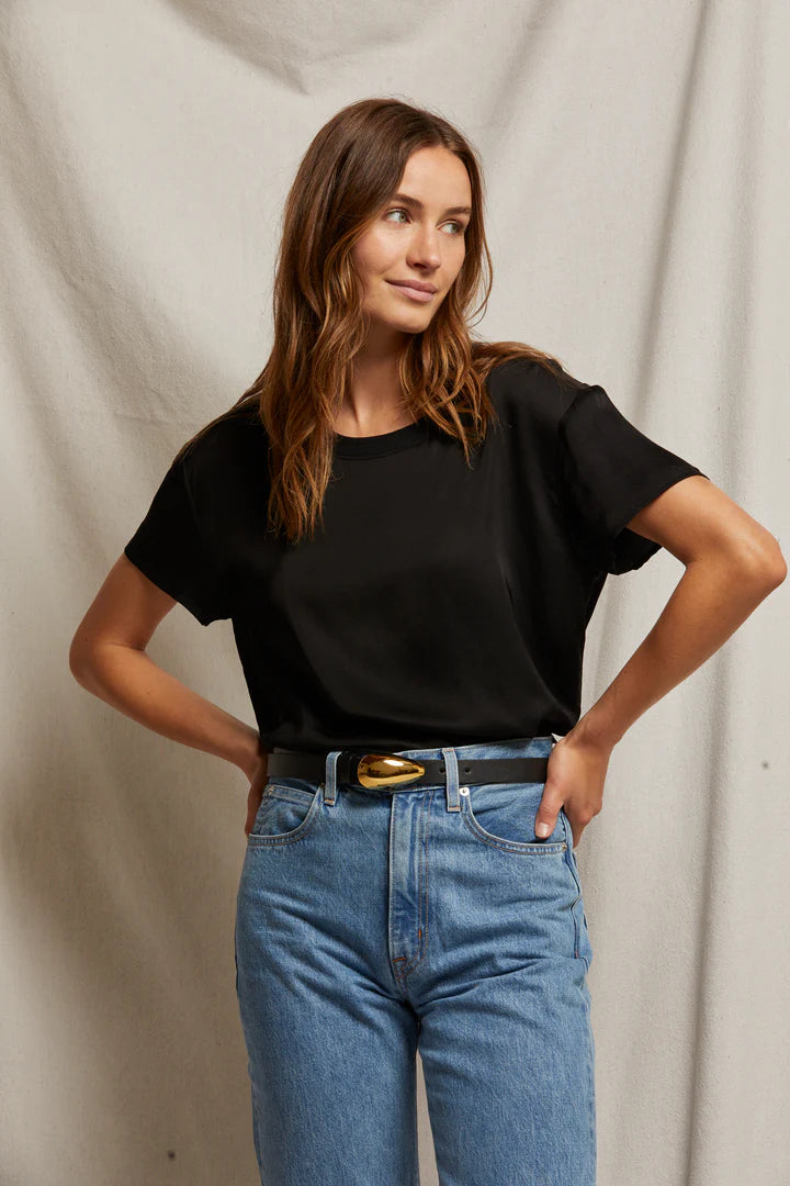 Delphine Satin Crew Neck Tee- True Black