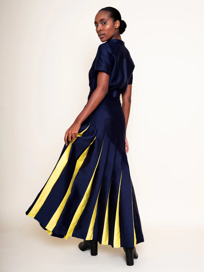 A woman modeling a navy blue short-sleeve maxi dress with bold yellow vertical stripes on the skirt, shown from a three-quarter back angle against a plain off-white studio background.

Daniel Gonzalez Ella Asymmetrical Pleated Dress in Deep Ocean. Available at Edit by Elaine Turner in Houston, TX. Full model back view. 