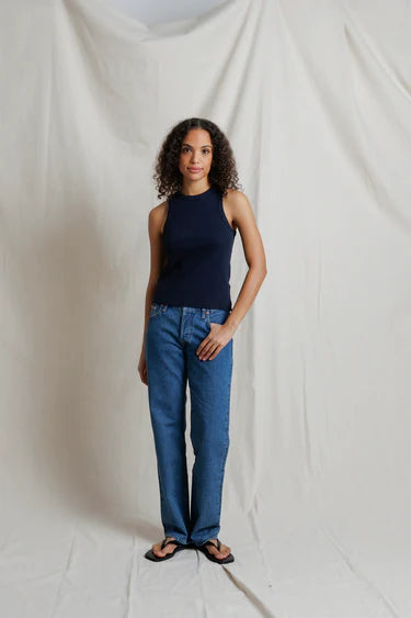 Perfect White Tee- Daphne Heavy Rib High Neck Tank- Navy - Edit by Elaine Turner