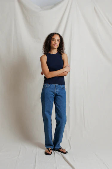 Perfect White Tee- Daphne Heavy Rib High Neck Tank- Navy - Edit by Elaine Turner