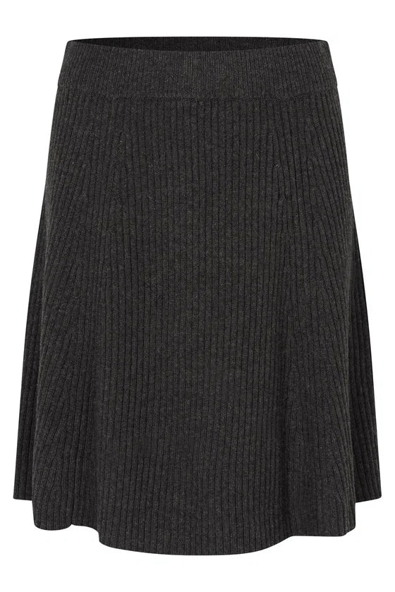 A dusty chocolate ribbed knit A-line skirt with a wide waistband, shown against a plain white background.

Dea Kudibal- Alesandra knit skirt dusty chocolate. Available at Edit by Elaine Turner in Houston, TX. Flat Lay View. 