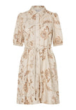 Beige floral dress on a white background. Dea Kudibal dress at edit. By Elaine Turner. Front View. 