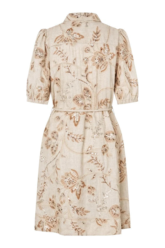 Beige floral dress on a white background. Dea Kudibal dress at edit. By Elaine Turner. Back View. 
