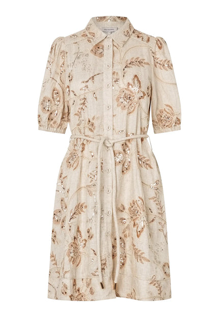Beige floral dress on a white background. Dea Kudibal dress at edit. By Elaine Turner. Front View. 
