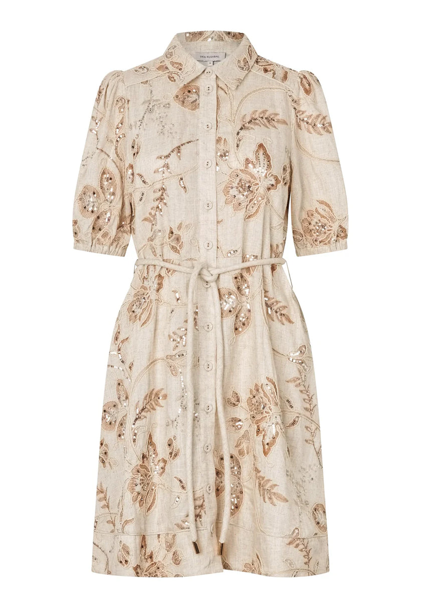 Beige floral dress on a white background. Dea Kudibal dress at edit. By Elaine Turner. Front View. 