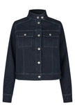 A dark navy blue cropped denim jacket with a stand-up collar, silver snap buttons, and two chest flap pockets, shown against a plain white background.

Dea Kudibal- Wilma Denim Jacket Dark Blue. Available at Edit by Elaine Turner in Houston, TX. Flat lay view. 