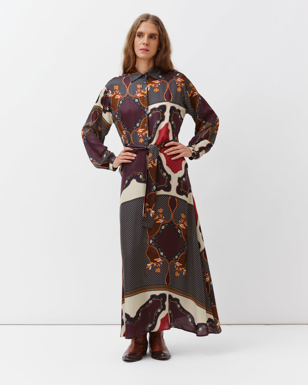 Diega Riora Dress in Marine, Rouge and Ecru Colors. Available at Edit by Elaine Turner in Houston, TX. Full model front view. 