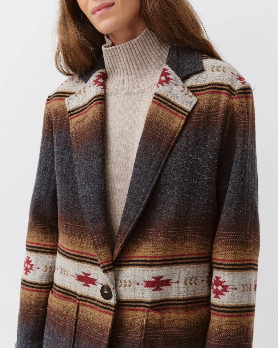 Person wearing a patterned coat with a neutral sweater underneath on a white background. 

Diega Virato Jacket in anthracite. Available at Edit by Elaine Turner in Houston, TX. Close up model view. 