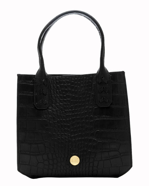 Elaine Turner- Mauney Satchel Bag- Black Embossed Croc