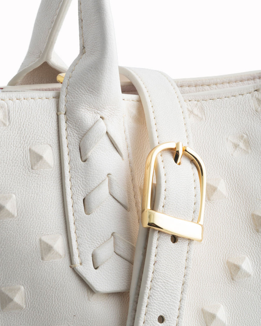 Elaine Turner- Mauney Satchel Bag- White Embossed Studded Leather