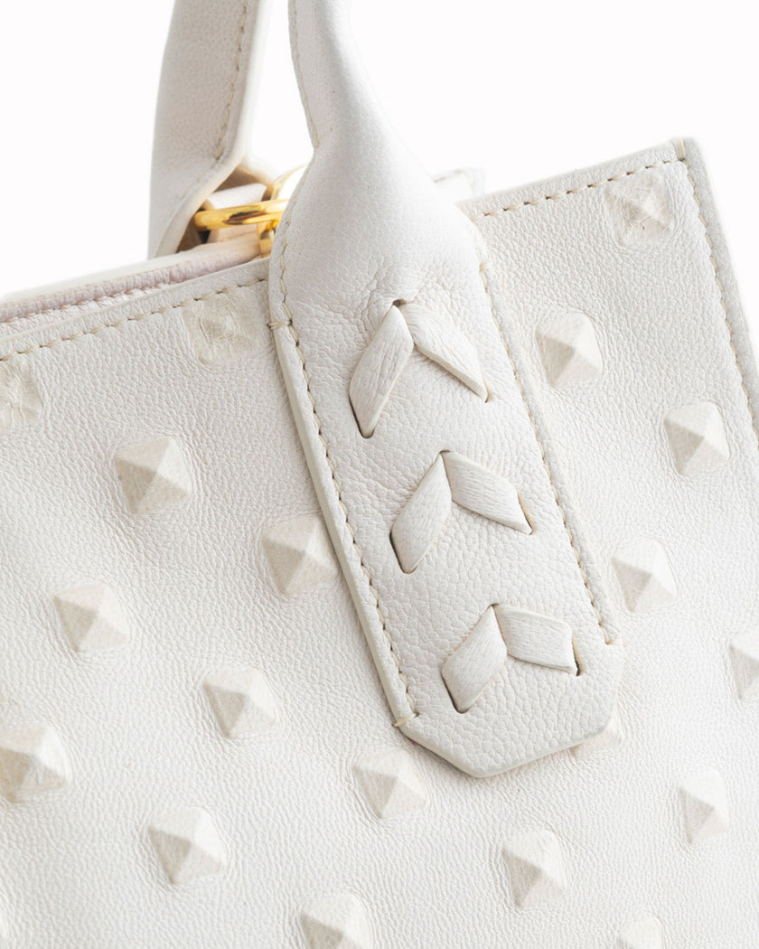 Elaine Turner- Mauney Satchel Bag- White Embossed Studded Leather