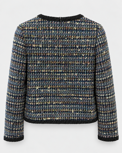 Edward Achour- Collarless Four-Pocket Tweed Jacket in navy. Available at Edit by Elaine Turner in Houston, TX. Back Flat Lay View.