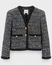 Edward Achour- Collarless Four-Pocket Tweed Jacket in navy. Available at Edit by Elaine Turner in Houston, TX. Front Flat Lay View.