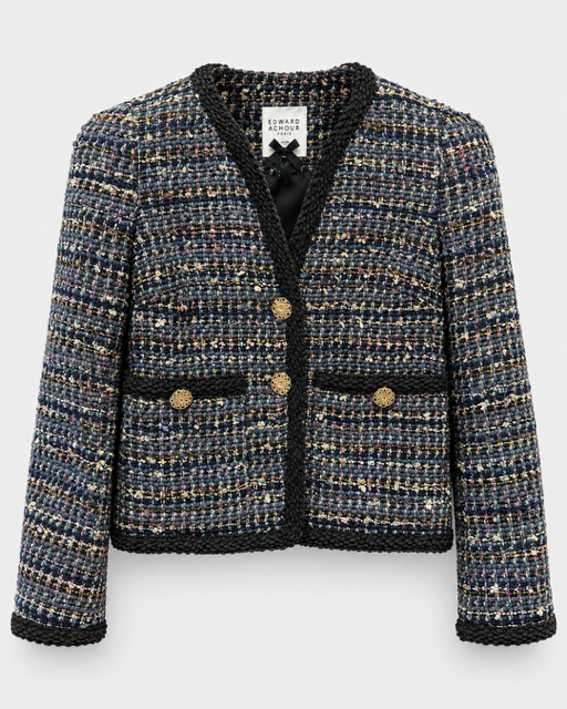 Edward Achour- Collarless Four-Pocket Tweed Jacket in navy. Available at Edit by Elaine Turner in Houston, TX. Front Flat Lay View.