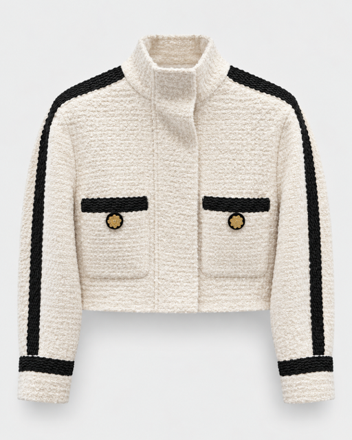 Edward Achour - Cropped Contrast Trim Boucle Jacket in beige & black. Available at Edit by Elaine Turner in Houston, TX. Front flat lay view. 