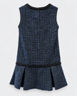 A sleeveless dark blue tweed dress with black braided trim at the neckline, hem, and waist, shown against a light gray background.

Edward Achour sleeveless tweed mini dress with ruffle hem. Available at Edit by Elaine Turner in Houston, TX. Black Flat Lay View. 