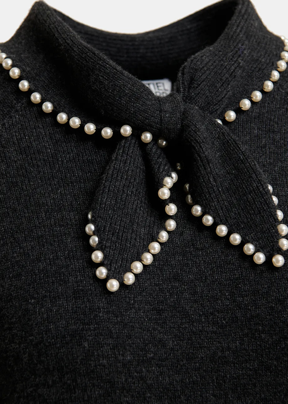 Essentiel Antwerp Kasa Pullover with Beads in Steel Pulse. Available at Edit by Elaine Turner in Houston, TX. Close Up Flat Lay View. 