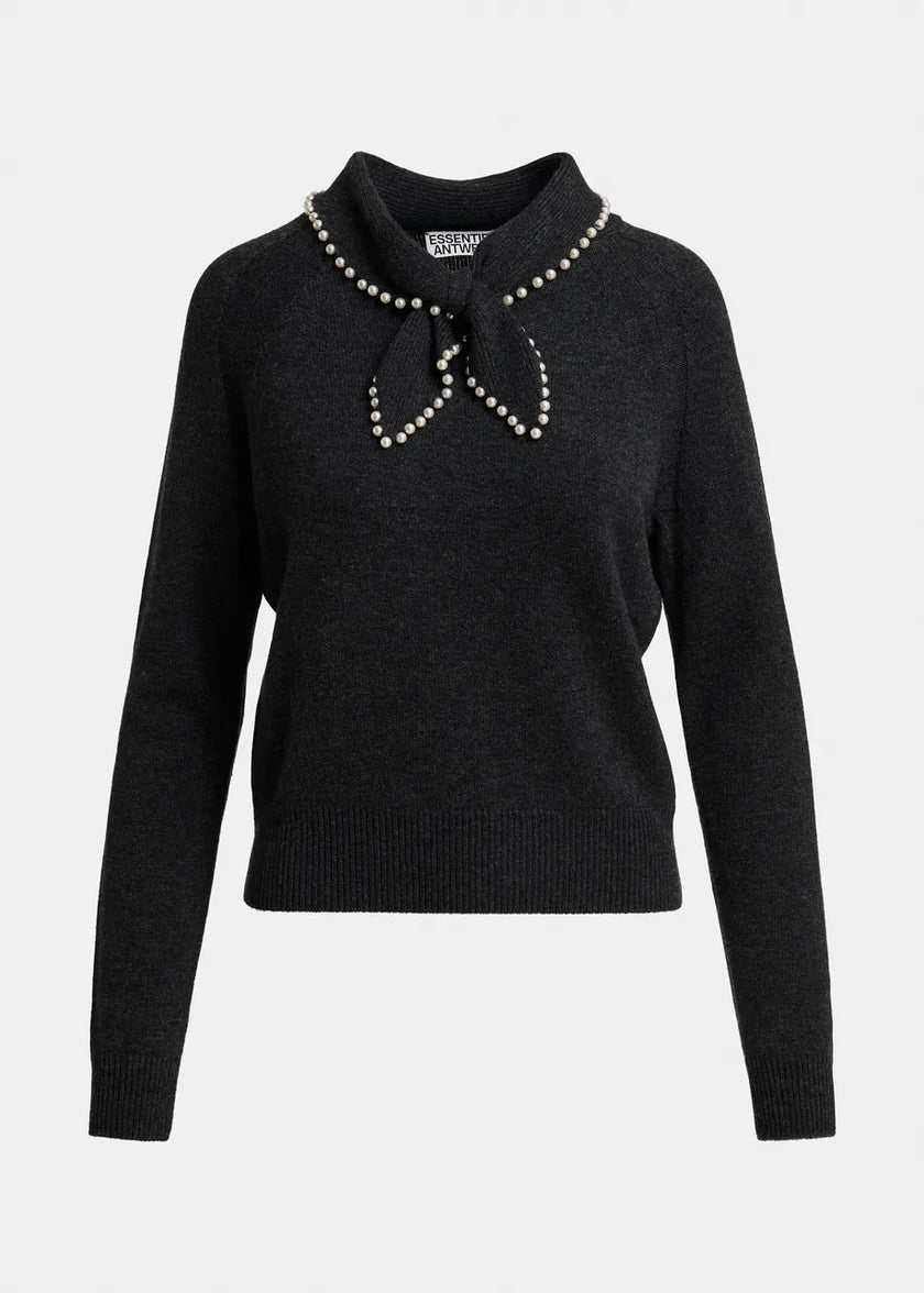Essentiel Antwerp Kasa Pullover with Beads in Steel Pulse. Available at Edit by Elaine Turner in Houston, TX. Flat Lay View. 