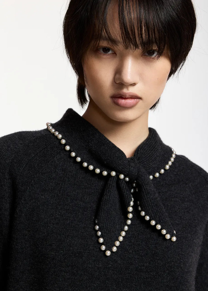 Essentiel Antwerp Kasa Pullover with Beads in Steel Pulse. Available at Edit by Elaine Turner in Houston, TX. Model Close UP View. 