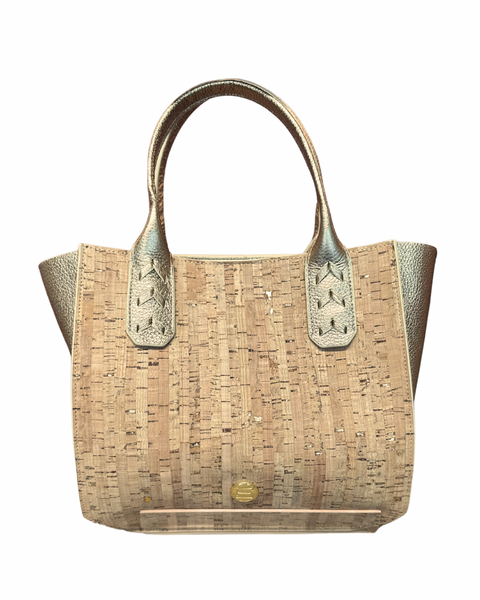 Mauney Satchel Bag- Cork w/ Gold Flecks and ORO Pebble Leather Trim