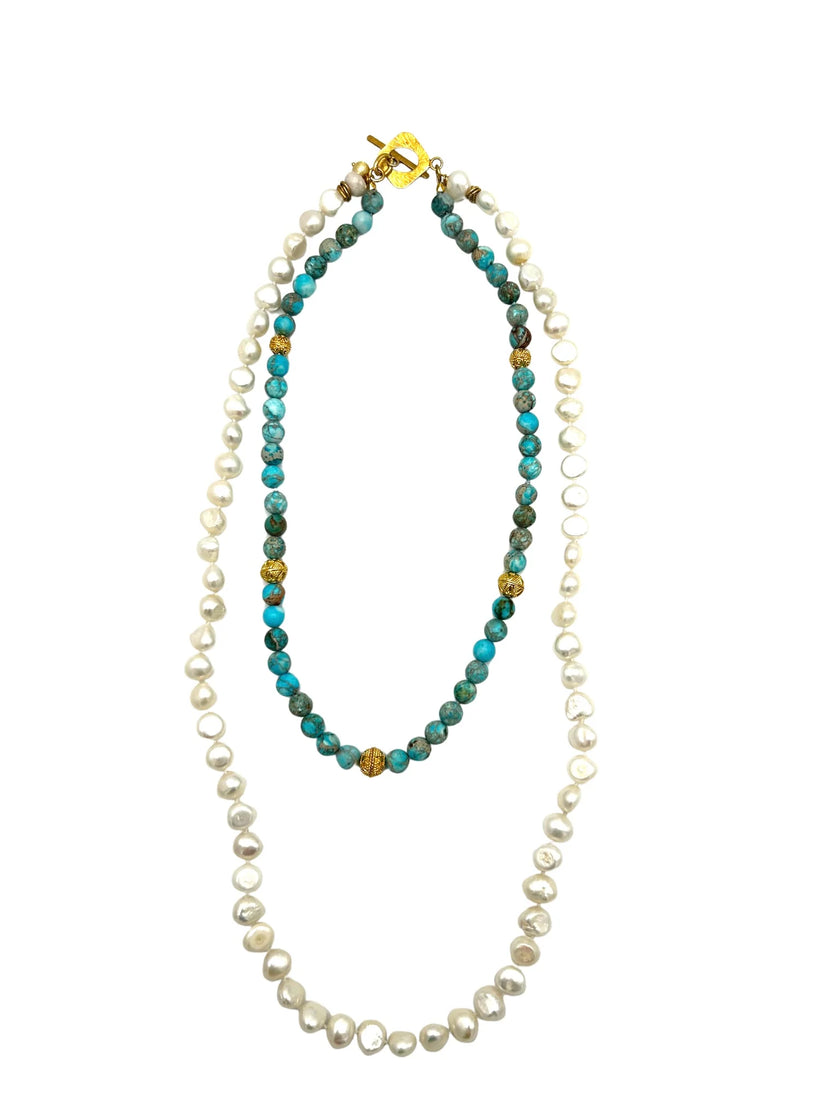 Harper Hart - Gemela Necklace - turquoise and freshwater pearls. Available at Edit by Elaine Turner in Houston, TX. Flat Lay View. 