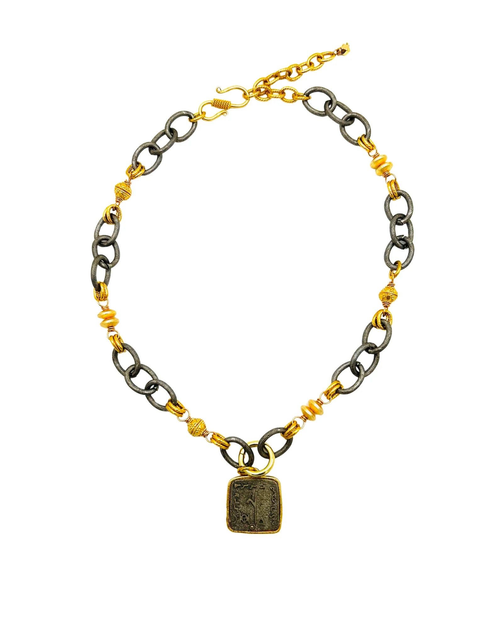 Harper Hart Mara Necklace in Gunmetal & Gold. Available at Edit by Elaine Turner in Houston, TX. Flat Lay View. 