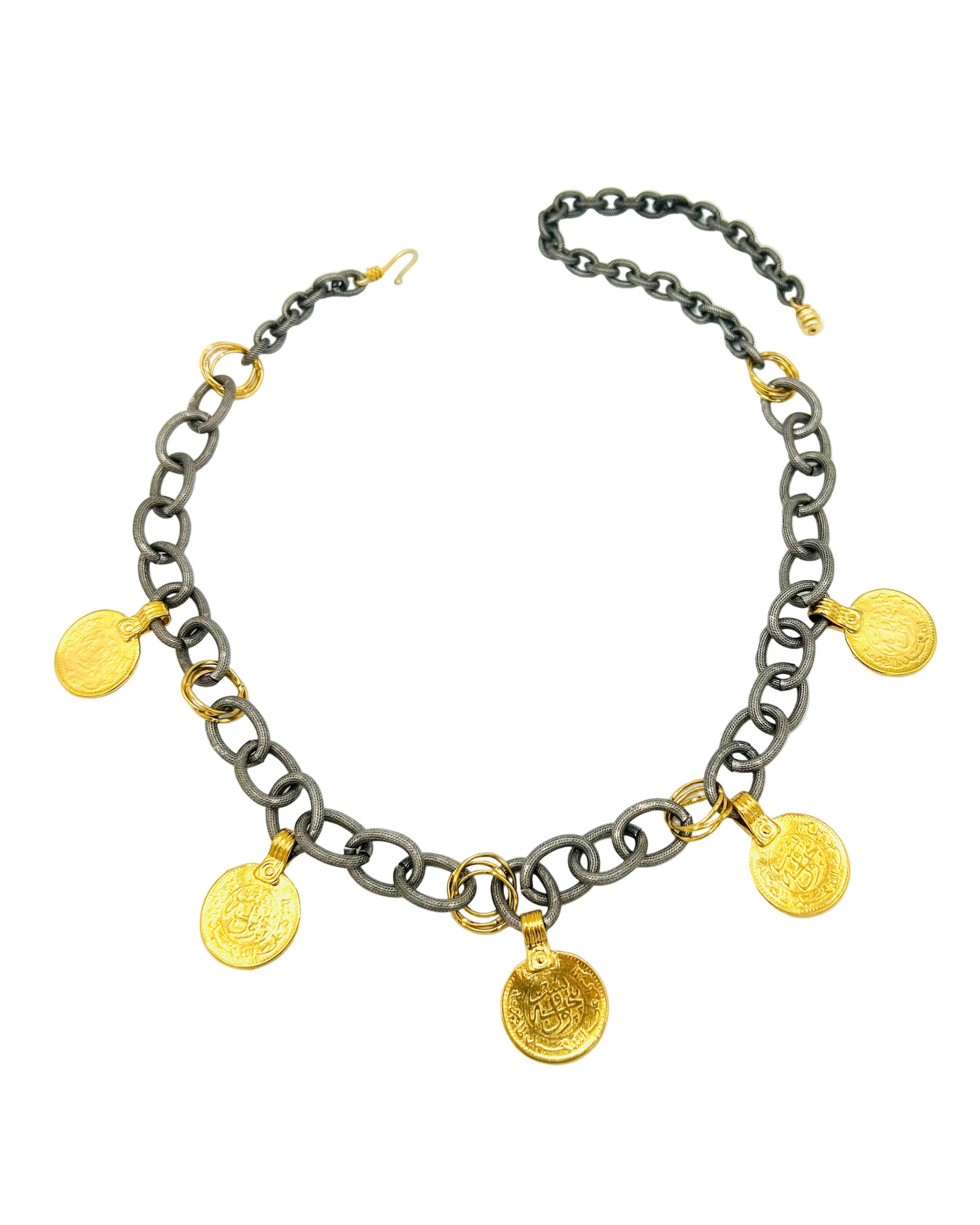 Harper Hart Monedita Necklace - Gunmetal / Gold. Available at Edit by Elaine Turner in Houston, TX. Flat Lay View. 