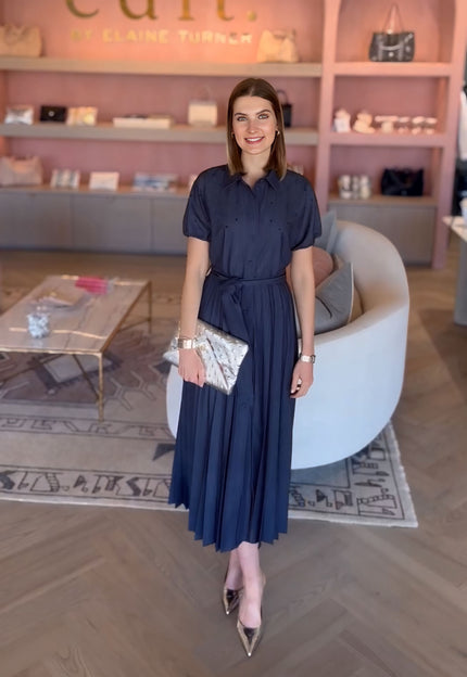 Hand-Embroidered Pleated Denim Dress