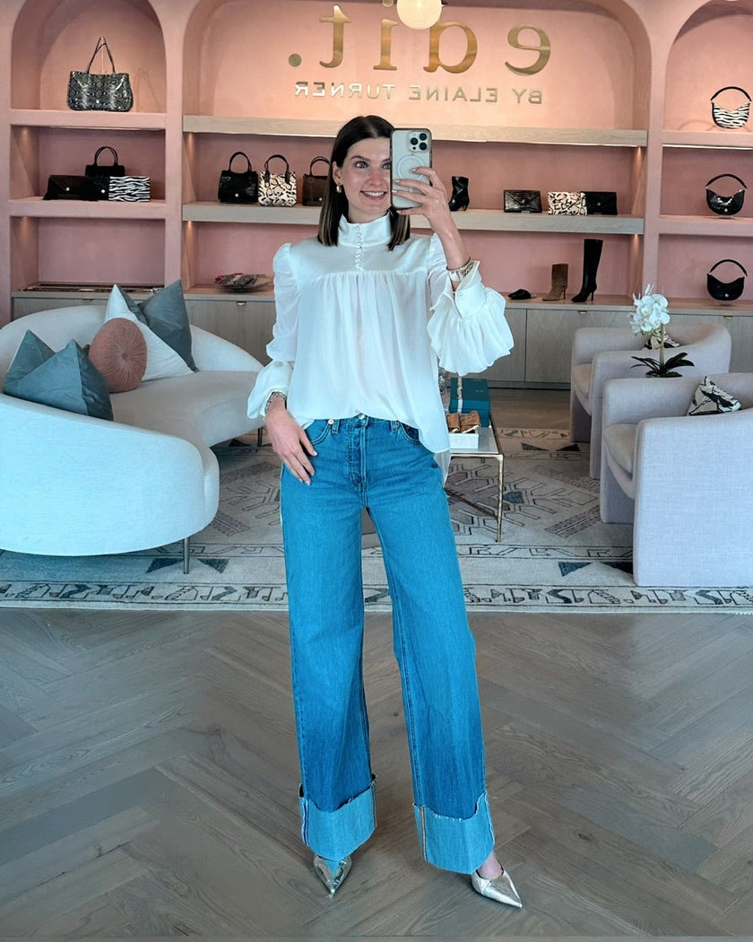 Edward Achour White Blouse with mock flowing sleeves and high neck