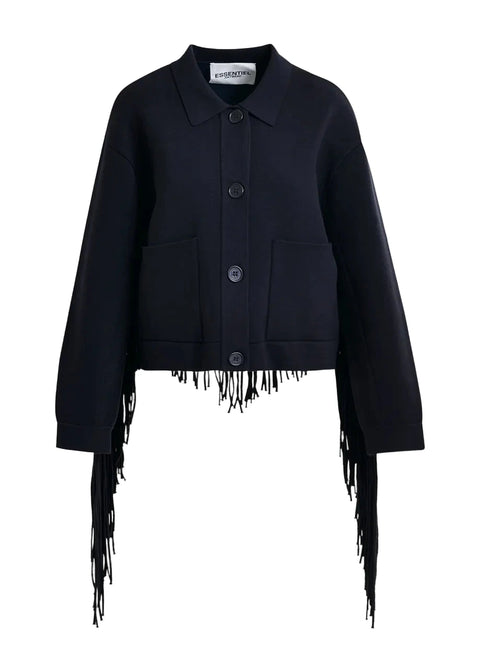 Navy Cropped Fringe Knitted Jacket