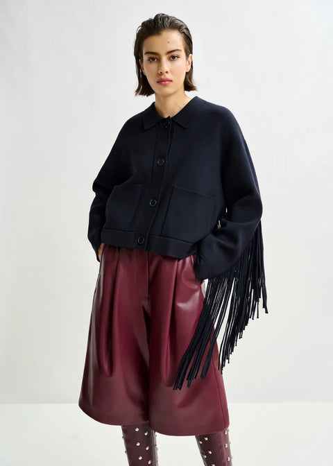Navy Cropped Fringe Knitted Jacket
