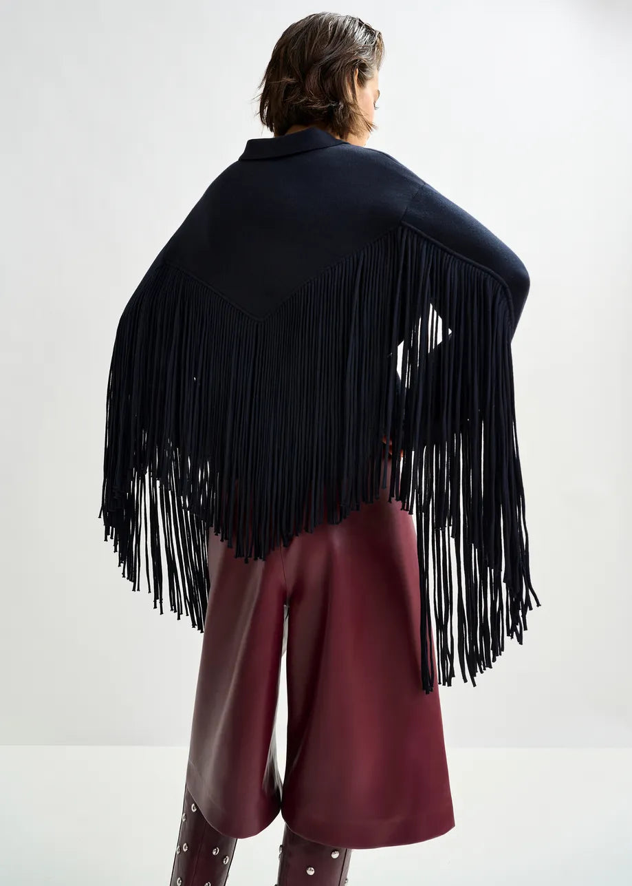 Navy Cropped Fringe Knitted Jacket