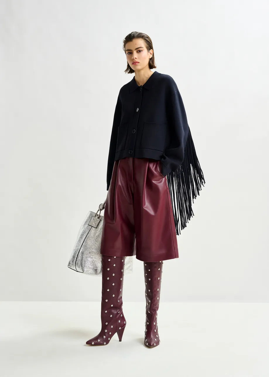 Navy Cropped Fringe Knitted Jacket