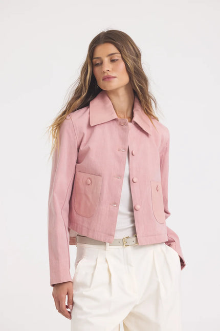 Jakett - Julie Burnished Leather Jacket in Lotus. Available at Edit by Elaine Turner in Houston, TX. Front model View. 