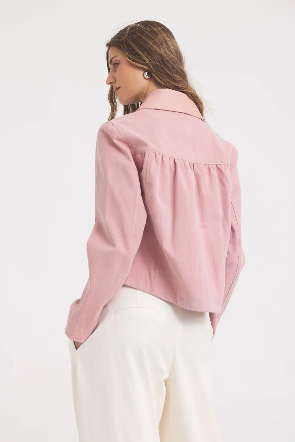 Jakett - Julie Burnished Leather Jacket in Lotus. Available at Edit by Elaine Turner in Houston, TX. Back model View. 