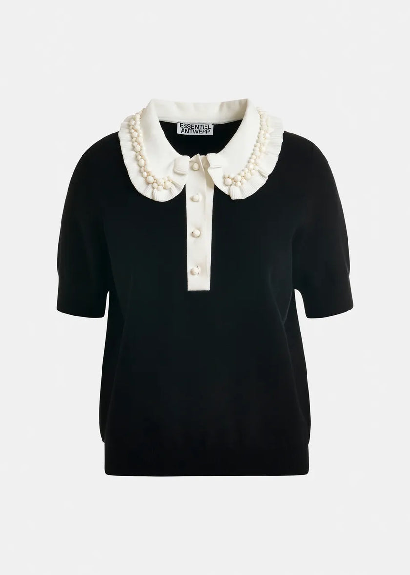 Essentiel Antwerp- Jewelry Embroidered Knit Polo- Black/White