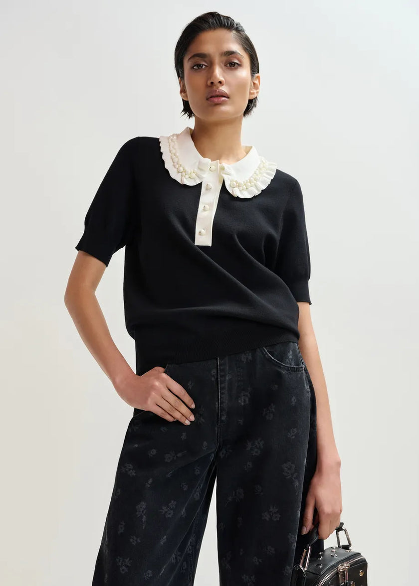 Essentiel Antwerp- Jewelry Embroidered Knit Polo- Black/White