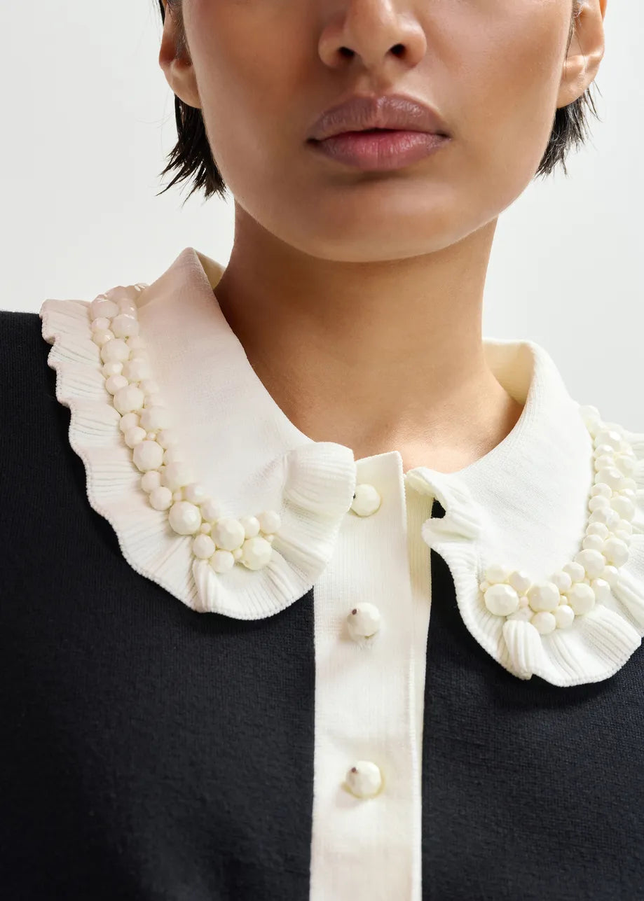 Essentiel Antwerp- Jewelry Embroidered Knit Polo- Black/White